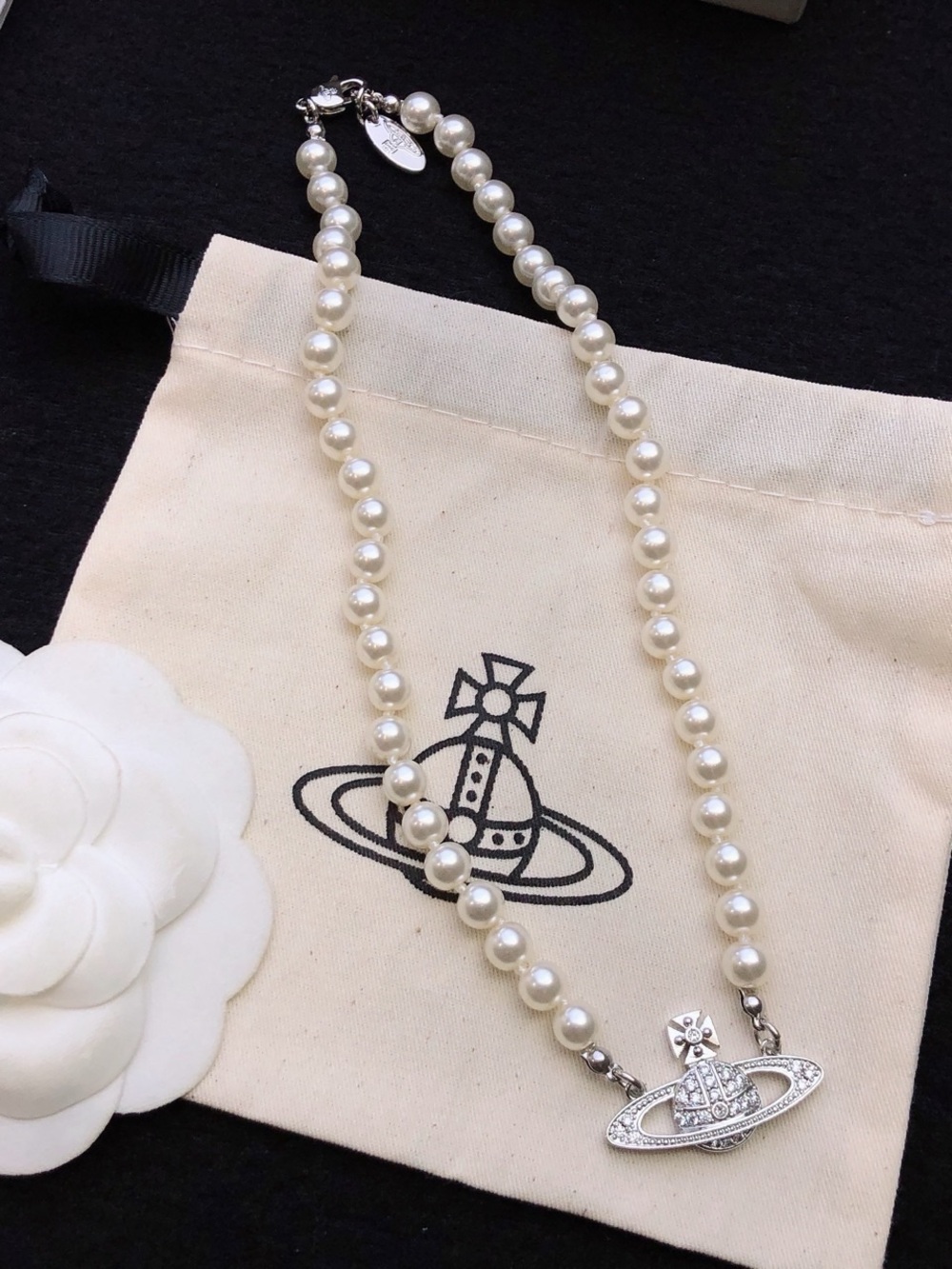 Vivienne Westwood White Pearl Necklace with Silver Orb Pendant